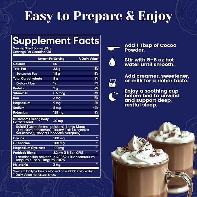 Venture Pal Mushroom Hot Cocoa Powder with Magnesium Glycinate L-Theanine &amp Reishi to Calm &amp Relax Natural Sleep Aids for Adults Melatonin 3mg Unsweetened Hot Chocolate for Deep Sleep 30 S