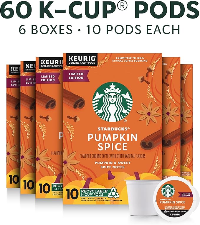 Starbucks K-Cup Coffee Pods Pumpkin Spice Naturally Flavored Coffee for Keurig Brewers 100% Arabica Limited Edition 6 Boxes (60 Pods Total)