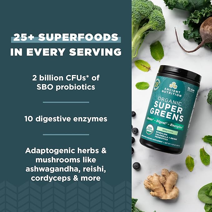 Ancient Nutrition SuperGreens Powder with Probiotics Organic Peppermint Flavor Greens Made from Real Fruits Vegetables and Herbs for Digestive and Energy Support 25 Servings 7.23oz