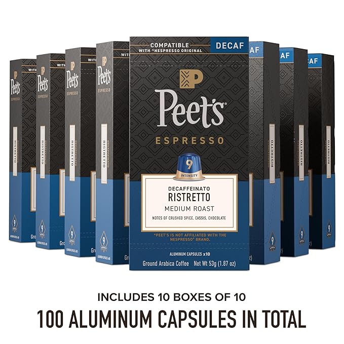 Peet's Coffee Medium Roast Decaf Espresso Capsules Compatible with Nespresso Original Machine Decaffeinated Arabica Coffee - Decaf Ristretto Intensity 10 100 CT (10 Boxes of 10 Espresso Capsules)