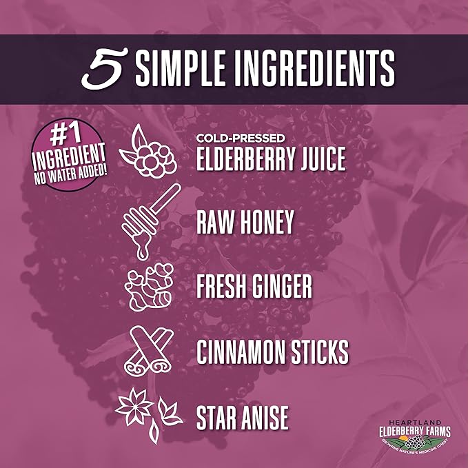 Heartland Organic Elderberry Syrup - Cold Pressed Elderberry Juice Zero Water Added - Immune Support for Kids &amp Adults - Made with Raw Honey Ginger Cinnamon &amp Star Anise - 13 fl oz (375 ml)