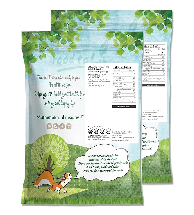 Food to Live Organic Pineapple Juice Powder 18 Pounds - Non-GMO Made from Raw Dried Fruit Unsulfured Vegan Bulk Kosher Great for Baking Juices Smoothies Contains Maltodextrin No Sulphites