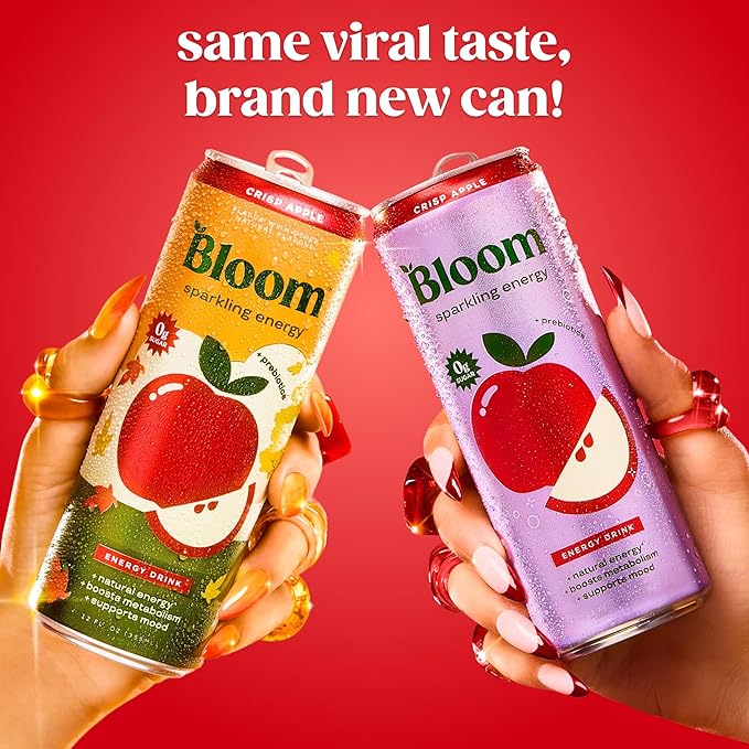 Bloom Nutrition Sparkling Energy Drink - Natural Caffeine Zero Sugar 180mg Caffeine - Antioxidant-Rich with Green Coffee Bean Green Tea Extract Prebiotics - Crisp Apple - 12oz 12 Pack