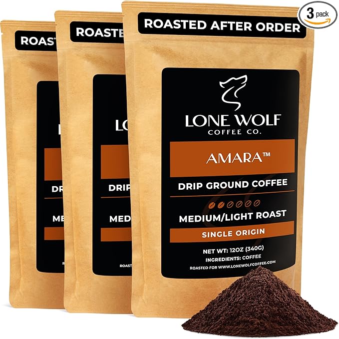Amara - 3-Pack - Freshly Roasted After Your Order – Specialty Grade Natural Single Origin Medium to Light Roast Drip Ground Coffee No Bitterness Ethically Sourced – Pack of 3 (12 Ounces Each)