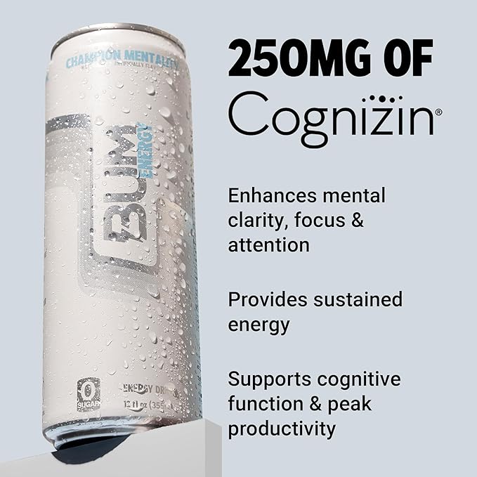 BUM Sugar-Free Energy Drink Champion Mentality - Lightly Carbonated &amp No Artificial Colors Natural Caffeine &amp Citicoline for Energy &amp Focus Brain Boost &amp Workout Sports Beverage - 1