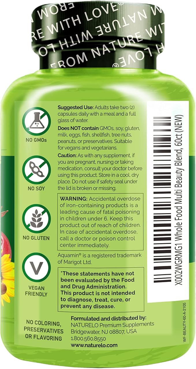 NATURELO Whole Food Beauty Multivitamin 60 Count Collagen Peptide Powder 45 Servings