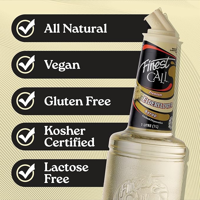 Finest Call Premium Elderflower Syrup Drink Mix 1 Liter Bottle (33.8 Fl Oz) Individually Boxed