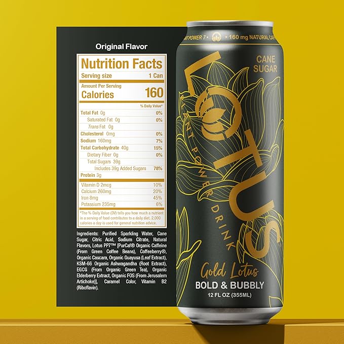 Gold Lotus Plant Power Drink™ | Pure Cane Sugar | 160 mg Natural Caffeine from Green Coffee Bean | Plant-Based Ingredients | 12 oz Cans | 12 Count