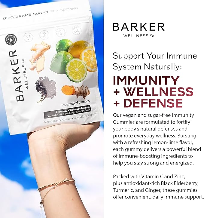 Barker Wellness Immunity Gummies with Vitamin C Zinc Elderberry Turmeric &amp Ginger for Daily Immune Support | Vegan Sugar-Free Lemon-Lime Flavor | Seasonal Wellness Essentials 60 Count
