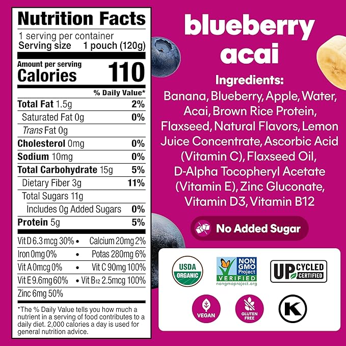 Noka Superfood Fruit Smoothie Pouches Ready to Drink with Brain Support Healthy Snacks w/ 850mg Omega-3 Flax Seed Plant Protein Vegan Gluten Free Organic Fruit Squeeze Pouch Blueberry Acai 4.22 oz 12