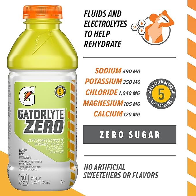 Gatorlyte Zero Electrolyte Beverage Lemon Lime Zero Sugar Hydration Specialized Blend of 5 Electrolytes No Artificial Sweeteners or Flavors 20 Fl Oz Bottles (Pack of 12)