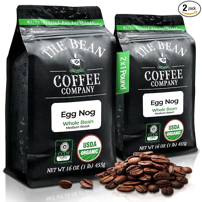 The Bean Organic Coffee Company Egg Nog Medium Roast Whole Bean Coffee 16-Ounce Bags (Pack of 2)