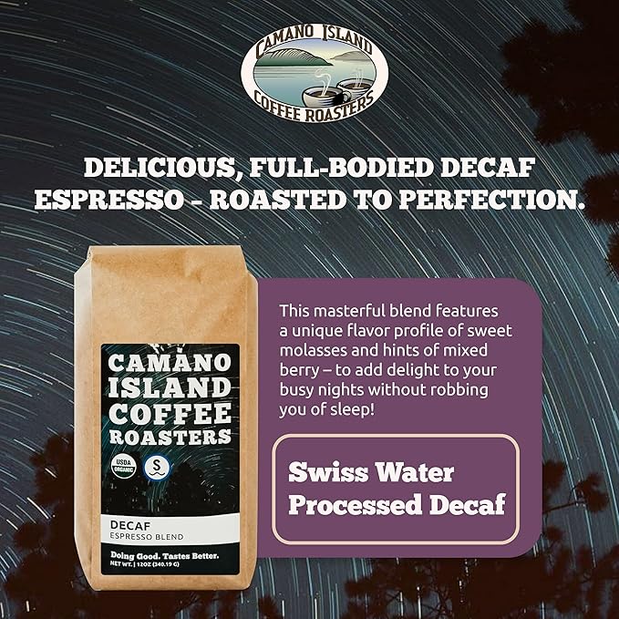 Camano Island Coffee Roasters Decaf Espresso Blend Ground 12oz Fresh Dark Roast Swiss Water Processed USDA Organic Fairly Traded Shade Grown Top 1% Arabica Sweet Molasses Mixed Berry Flavor