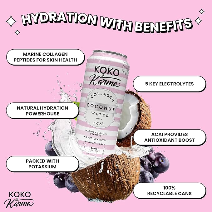 Koko &amp Karma - Collagen Coconut Water with Acai - Marine Collagen Peptides with No Preservatives and No Added Sugar - 12 Pack - 16.9 Ounce Cans