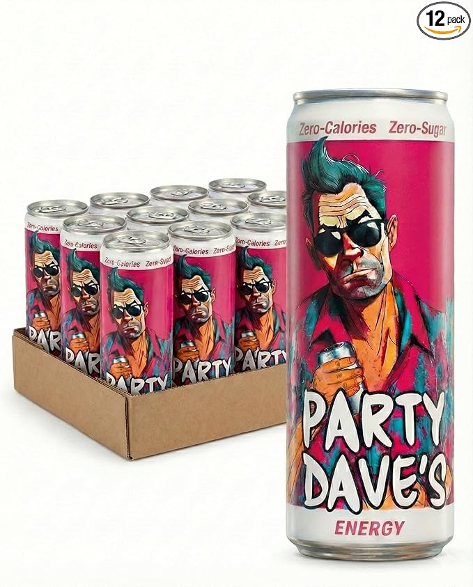 Party Dave's Zero Sugar Energy Drink 12 Pack -120mg Natural Caffeine &amp L-Theanine for Focus B-Vitamins (B6 B12 Biotin) Dye-Free Original Tart &amp Sweet Flavor 12oz Cans