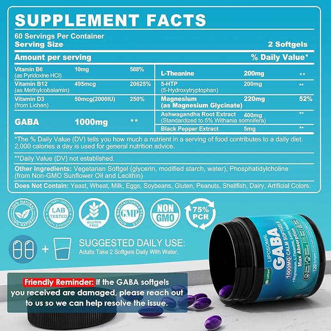 GABA Supplement - 1000 mg Liposomal Form for Optimal AbsorptionGABA with L-Theanine Magnesium Glycinate 5HTP Vitamin D3 for Brain Calm Mood Zzz Better - Melatonin-Free 120 Softgels.