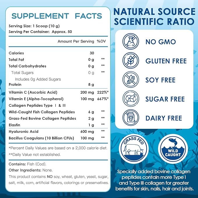 NATURE TARGET Marine Collagen Powder for Women - Multi Collagen Peptides with Hyaluronic Acid &amp Vitamin C for Hair Skin Nails &amp Joints - Wild-Caught Fish &amp Grass-Fed Bovine 50 Servings