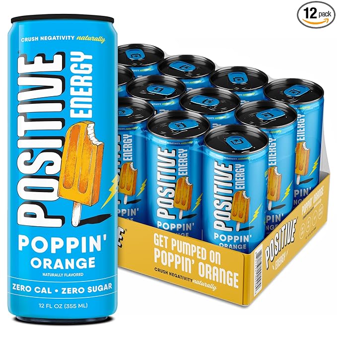 Positive Energy Drink - Poppin' Orange | Zero Sugar Zero Calorie 12oz Cans (Pack of 12) | Hydrating Electrolytes Immunity Support with Zinc Healthy Energy Boost