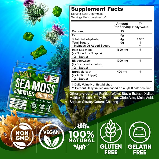 Sea Moss Gummies - Irish Seamoss Gummies for Adults &amp Kids - Advanced Superfood Supplement with Natural Sea Moss Gel Bladderwrack &amp Burdock Root Extract - 60 Vegan Irish Moss Gummy Bears