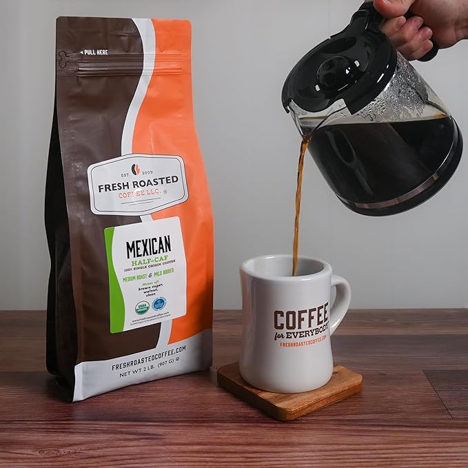 Fresh Roasted Coffee Organic Mexican Water-Processed Half-caf | USDA Kosher | Medium Roast 2 lb (32 oz) Whole Bean