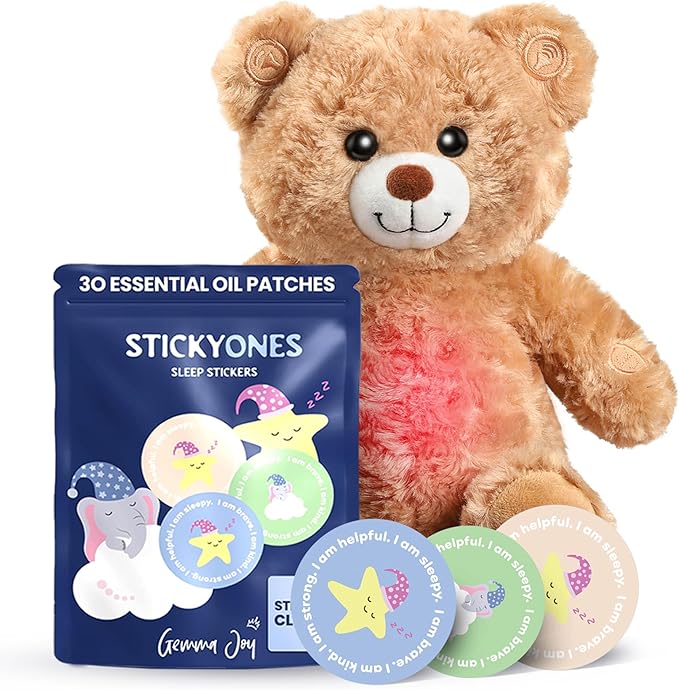 Gemma Joy Sleep Bundle – Baby Sleep Soother Teddy Bear with Cry Activated Heartbeat &amp Kids Sleep Patches (30 Pack) with Sandalwood Chamomile &amp Lavender – Melatonin-Free Sleep Aid