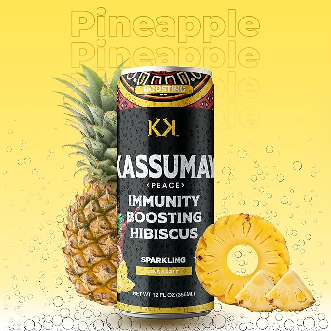 Kassumay Pineapple Sparkling Hibiscus Drink – Premium Plant-Based Wellness Beverage | Immunity Boosting | Antioxidant-Rich | Low Sugar | No Added Sugar | 12 Pack – 12 fl oz Cans