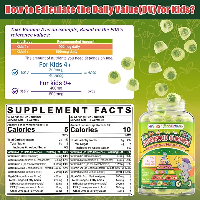 NEVISS Kids 4+ &amp Teens Super Greens 40-in-1 Gummies w/Multivitamin Omega3 Iron D3K2 Picky Eater Organic Super Fruits Veggies Superfood Gummy Mushroom Lutein | Immune Bone Brain Energy Sugar