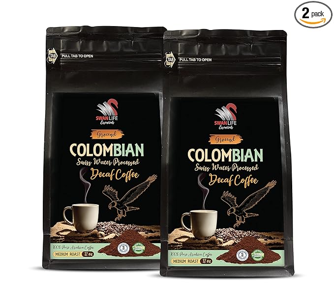 decaffeinated ground coffee - DECAF COLOMBIAN GROUND COFFEE - Medium Roast 100% Pure Arabica swiss water processed non gmo - coffee from colombia by SWAN LIFE ESSENTIALS - 2 Bags (24 Oz)
