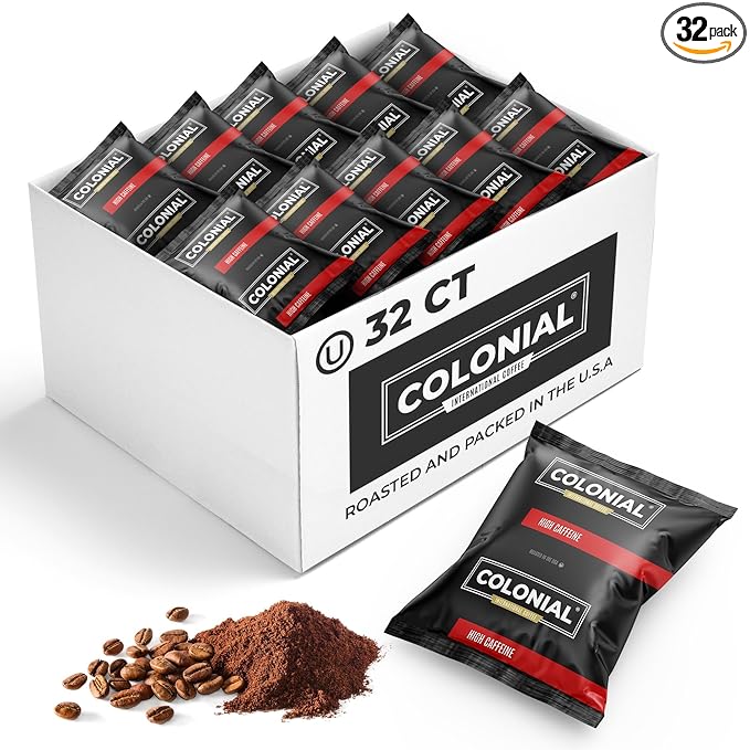 Colonial Coffee 32 Count Single Pot Coffee Packets – 100% Arabica High Caffeine Medium-Dark Roast | Pre-Measured Frac Packs for 12 Cup Maker | Bulk Ground Gourmet Coffee for Home &amp Office