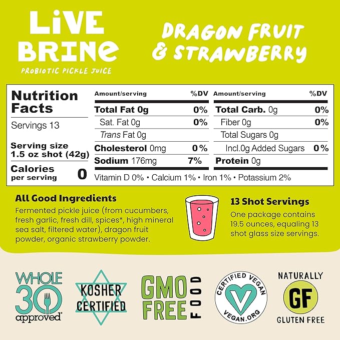 Olive My Pickle Probiotic Pickle Juice - 19.5 Ounces | 1 Pack of LiveBrine Dragon Fruit &amp Strawberry Pickle Juice with Natural Probiotics and Digestive Enzymes for Gut Health - 13 Pickle Shots