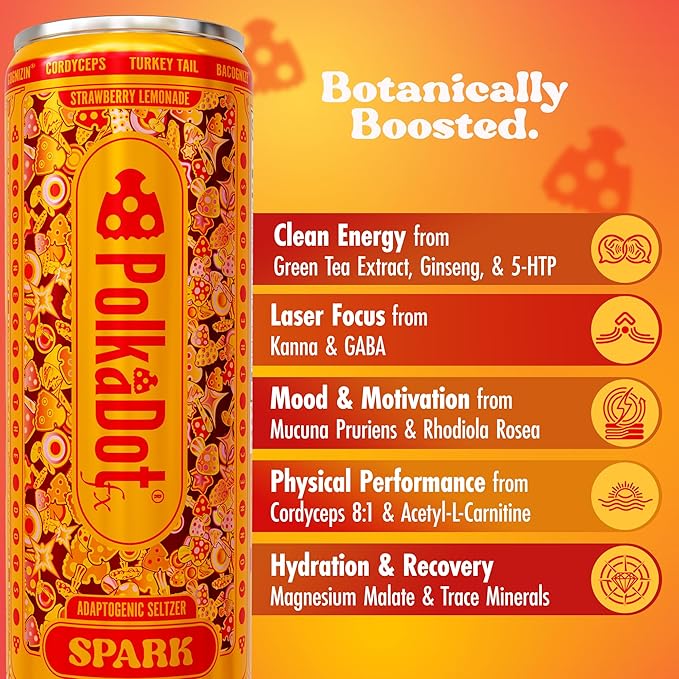 Polkadot Spark Seltzer Strawberry Lemonade Flavor Sparkling Drink with L-Theanine Lion’s Mane Ginkgo and Green Tea Zero Sugar Beverage 12 FL Oz