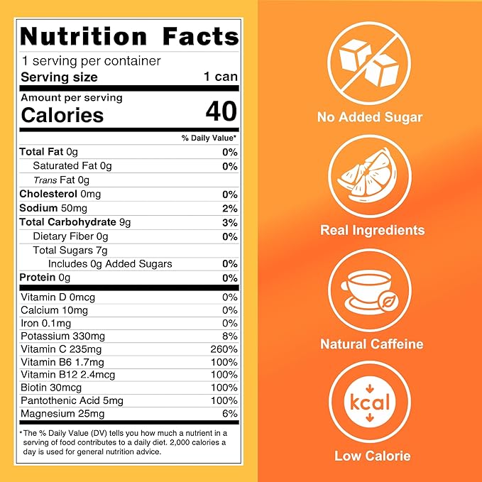 LivReal Clean Energy Drink – Organic Green Tea Caffeine 125mg + L-Theanine 100mg – Real Fruit No Sweeteners or Flavorings – Vitamin C &amp B Complex – Sparkling Orange Mango Water – 12 Pack 12 fl o