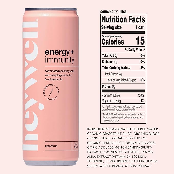 Heywell Sparkling Adaptogenic Water Energy and Immunity Grapefruit Flavor 12 Fluid Ounce (Pack of 12) - Caffeinated Organic Non GMO Vegan Gluten Free Dairy Free