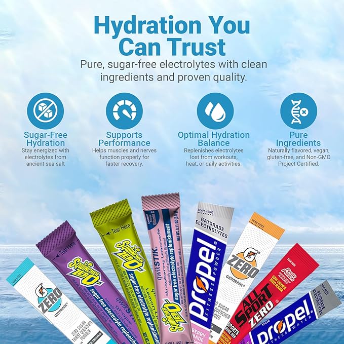 Gatorade G Zero All Sport Propel and Sqwincher Zero Electrolyte Powder Packets Variety - 30 Different Packets 2 of Each Packet (60 Pack)