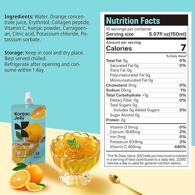 Hethstia Konjac Jelly Collagen Peptides Various Flavors 10-Pack and Orange Konjac Jelly with Collagen Peptides 10 Pouches Fruit Jelly Snacks Low-Calorie Drinkable Jelly with Vitamin C Sugar-Free
