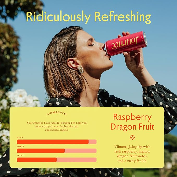 Journée Wellness Energy Drink Natural Caffeine Lion’s Mane L-Theanine 125 mg Caffeine Real Fruit Juice All Natural 0 Added Sugar Cognition Immunity - Raspberry Dragonfruit – 12 Pack