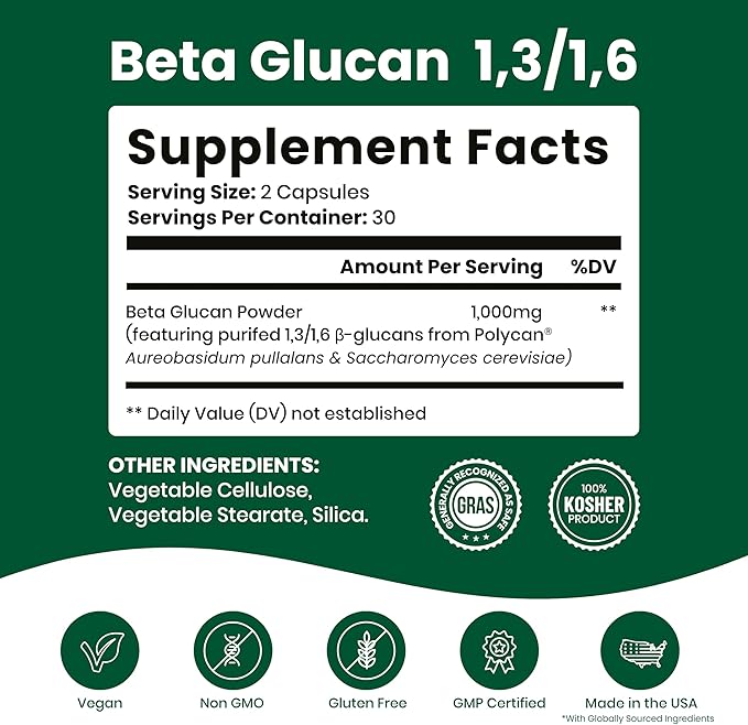 Nutriana Beta Glucan Supplements 1000mg – 13/16D Beta Glucan Capsules for Immune Support – Natural Beta Glucans Fiber Supplement – 60 Veggie Capsules (60 Count Unflavored)