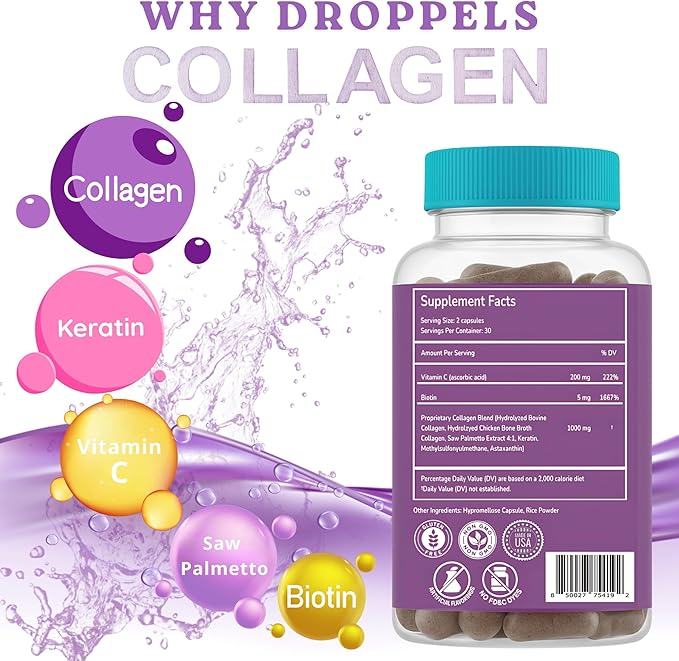 Droppels Collagen Capsules – Advanced Collagen + Biotin + Keratin + Vitamin C – Hair Skin Nails &amp Joints Support – 60 Count Dietary Supplement