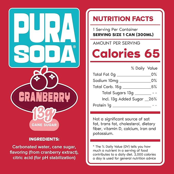 PuraSoda® Cranberry | 65 Calories &amp 13g Pure Cane Sugar per Can | Non-GMO Vegan | Made with Pure Cane Sugar Clean &amp Refreshing | 10 fl oz (300ml) Cans Pack of 24