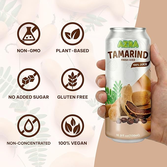AZRA 100% Tamarind Juice – 500ml Cans Fresh Fruit Juice Variety Pack – Sugar Free Drinks made with Sweet Tamarind from Vietnam – Zero Sugar Juice Healthy Drinks for Kids and Adults – 12 Pack