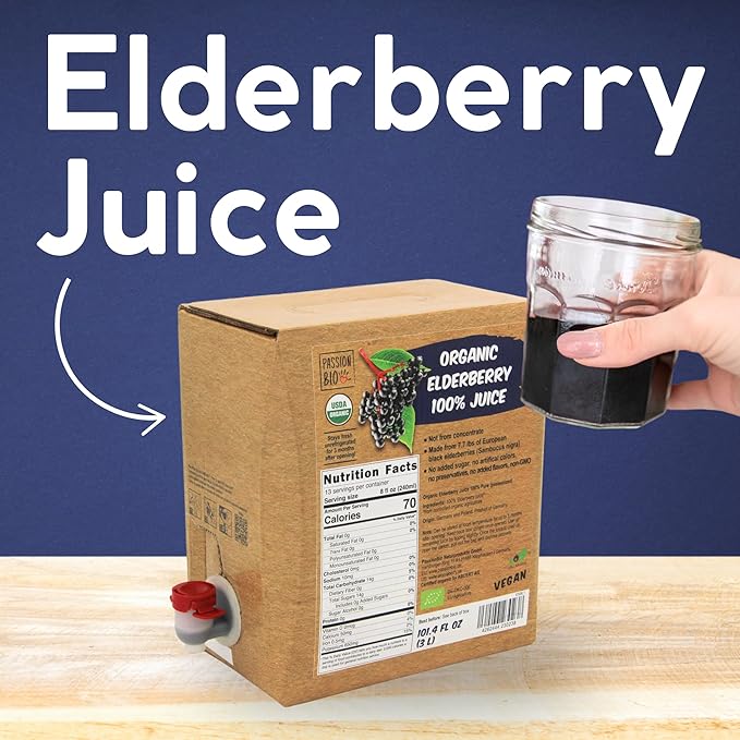 Organic Elderberry Juice Box 101.4 Fl Oz | Pure Fruit Juice Not From Concentrate | Organic Vegan Non-GMO | No Added Sugar Easy-Pour Tap Packaging