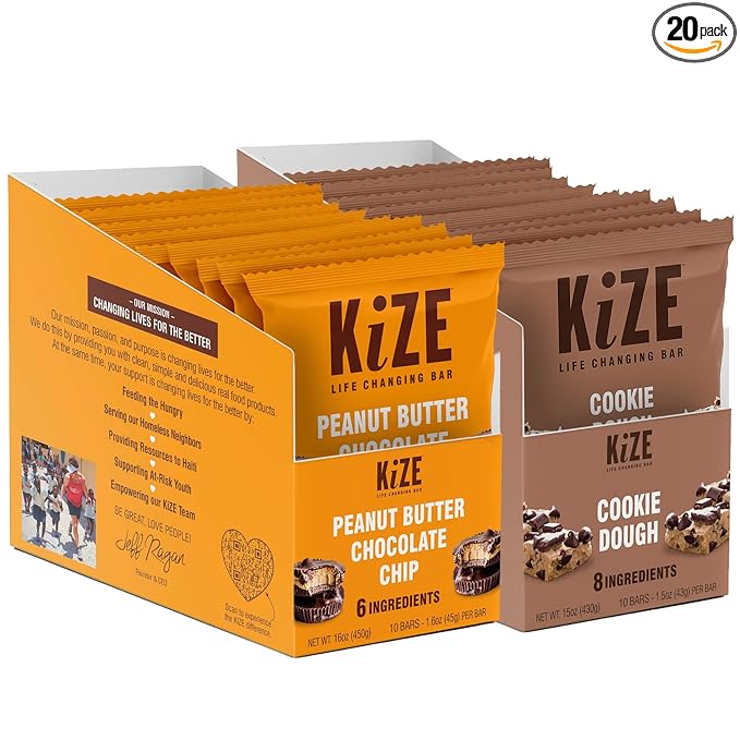 KiZE Energy Bars - Peanut Butter Chocolate Chip &amp Cookie Dough Bundle - 20-Count - Gluten Free Dairy Free Options Non-GMO and High Protein Meal Replacement Energy Bars Clean and Simple Food In