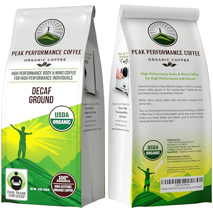 Peak Performance High Altitude Organic Decaf Coffee - Fair Trade Low Acid Non GMO and Beans Full of Antioxidants - Medium Roast Smooth Tasting USDA Certified Organic Decaffeinated Ground 12 oz