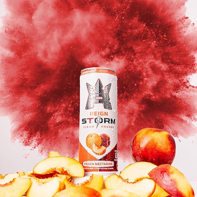REIGN Storm Peach Nectarine Fitness &amp Wellness Energy Drink 12 Fl Oz | Pack of 12