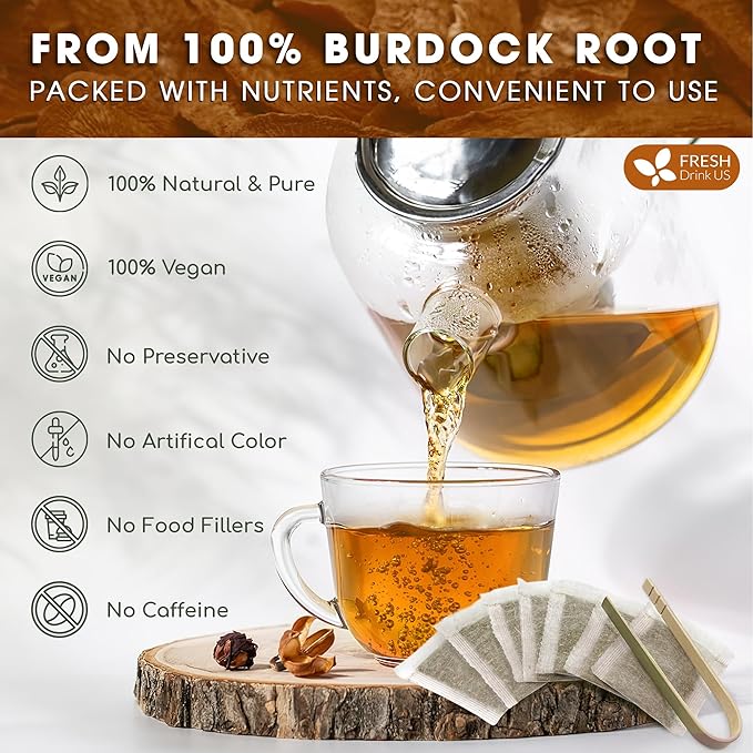 FreshDrinkUS Premium 135 Burdock Root Tea Bags 100% Natural &amp Pure. Made with Natural Material Tea Bags. No Sugar No Caffeine No Gluten Vegan.