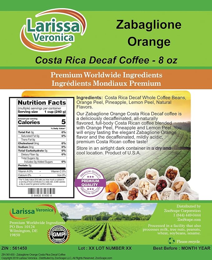 Zabaglione Orange Costa Rica Decaf Coffee (Gourmet Naturally Flavored Whole Coffee Beans) (8 oz ZIN: 561450) - 3 Pack