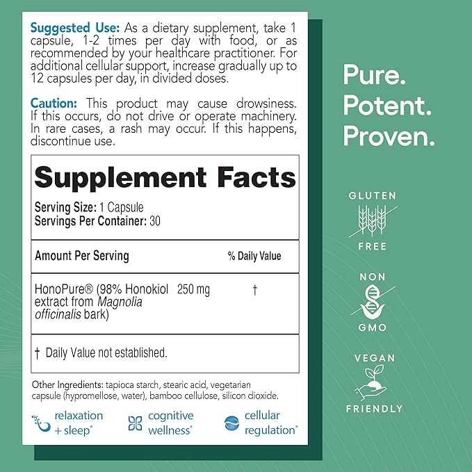 EcoNugenics HonoPure Magnolia Bark Extract – 98% Pure Honokiol Supplement Helps with Brain Function Sleep Aid Stress Relief &amp Overall Mood – Nootropic with GABA &amp Antioxidant Support – 30 Ca
