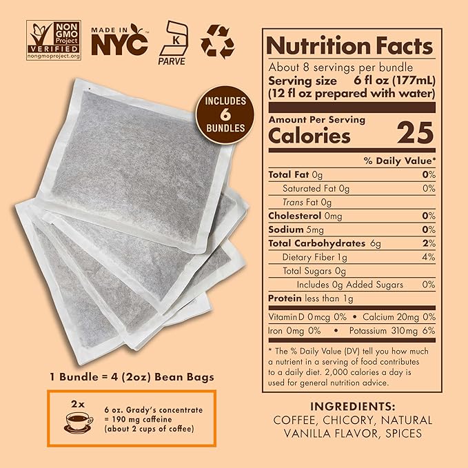 GRADY’S COLD BREW French Vanilla 100% Arabica Ground Coffee &amp Chicory Pouches | SIX Bundles of 4 Easy-to-Brew Bean Bags Makes 72 drinks