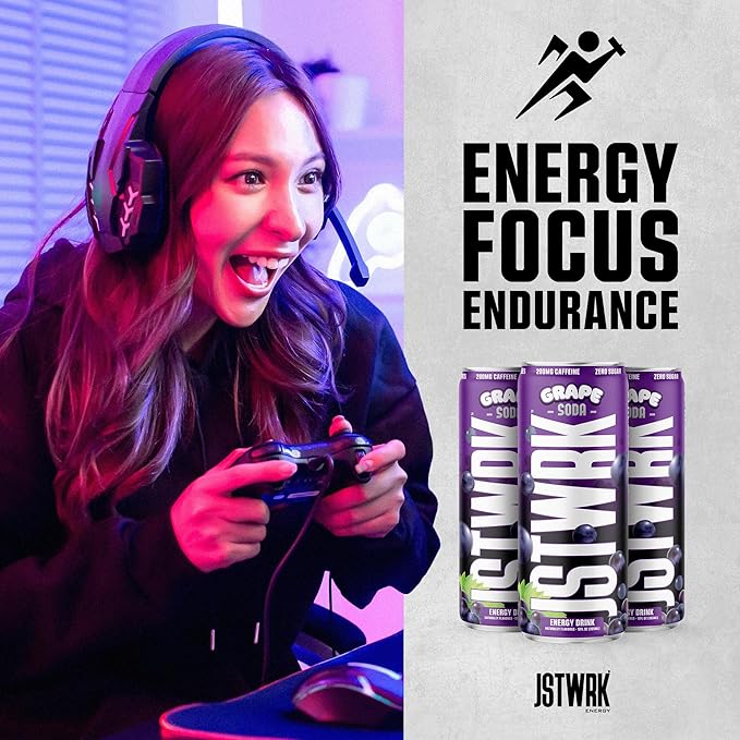 JST WRK Energy Drink - 12-Pack Sugar-Free Zero Calories No Sugar Alcohols 12 Fl Oz. 200 milligrams Caffeine (Grape Soda)