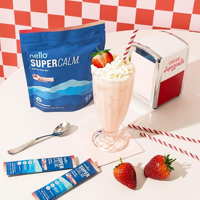 Nello Supercalm Drink Mix - Strawberries &amp Cream and Orange Creamsicle Ashwagandha KSM 66 Magnesium Glycinate &amp L-Theanine Supplement - Focus and Relaxation Support (2 x 20 Travel Packets)